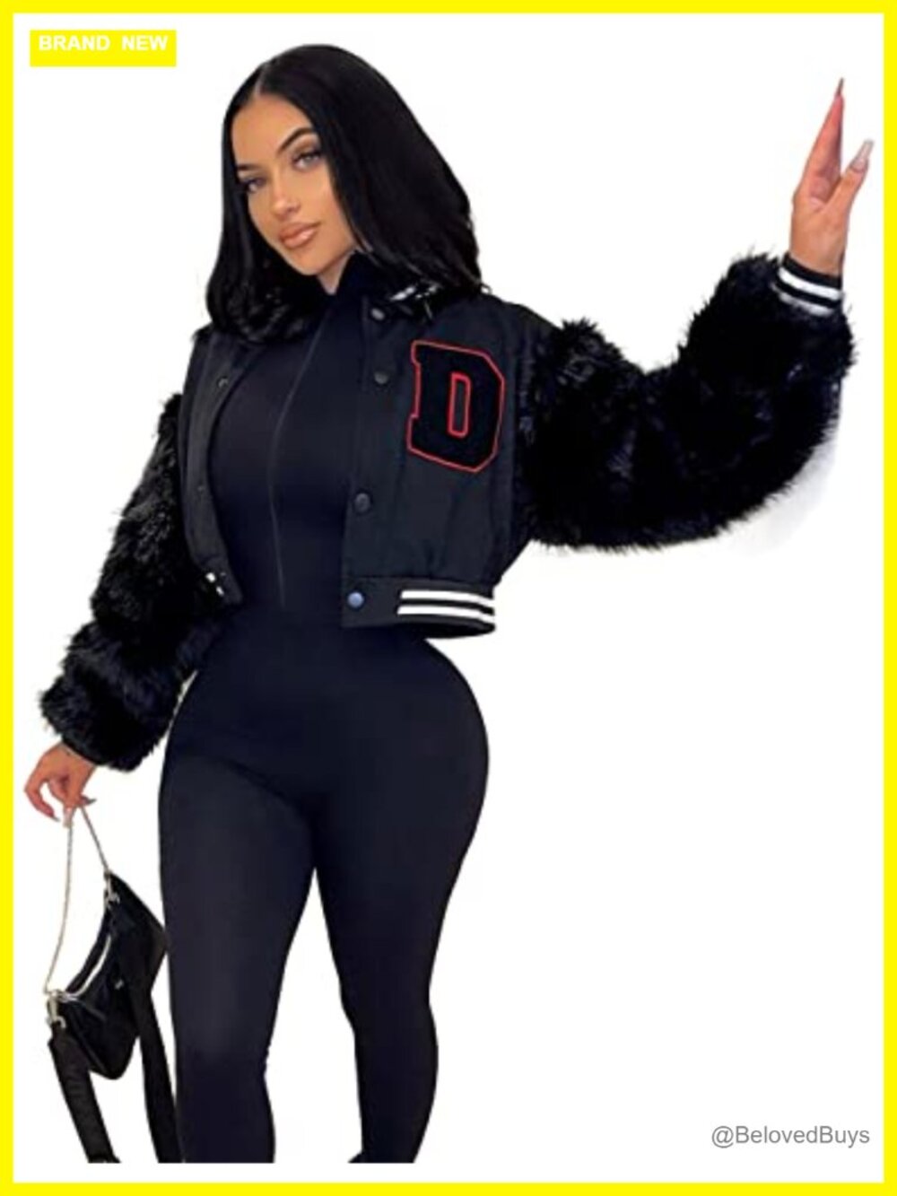 Women's Faux Fur Sleeve Varsity Jacket Button Up Letterman